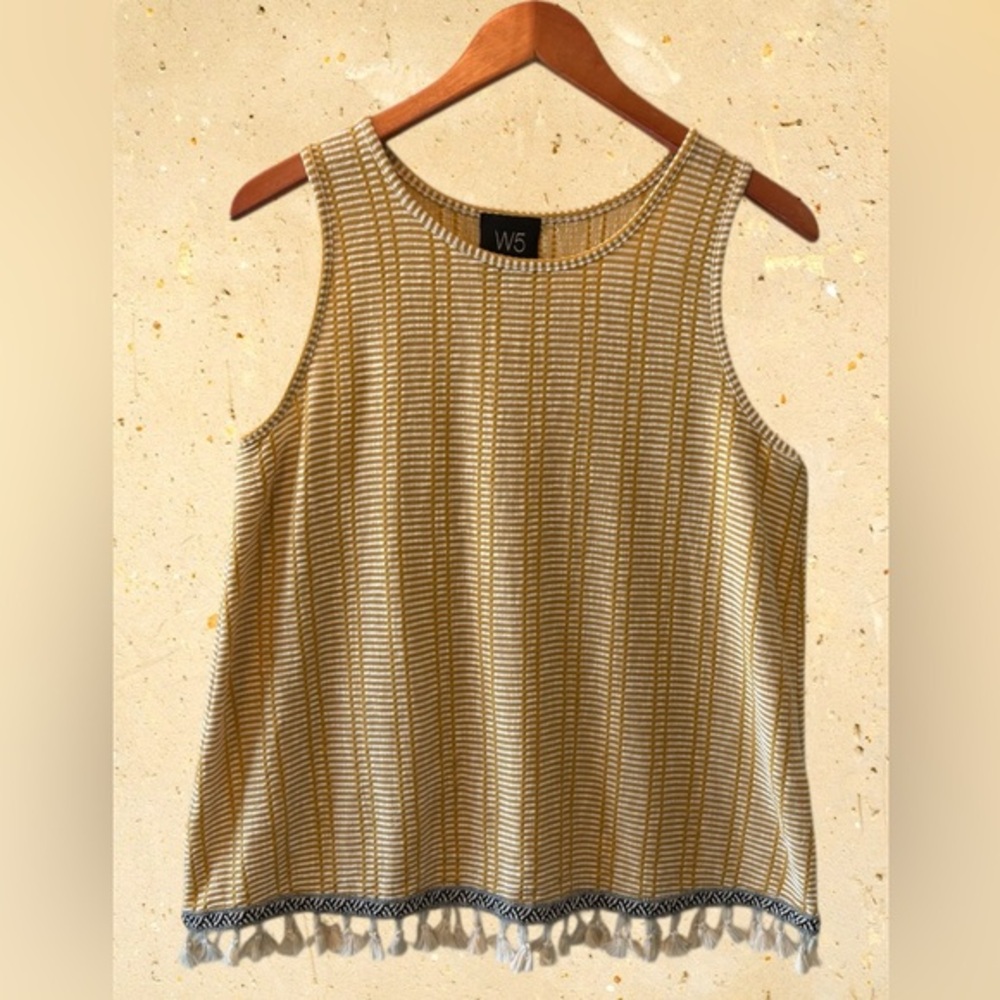 Anthropologie Yellow and White Striped Tank Top with Tassel Hem